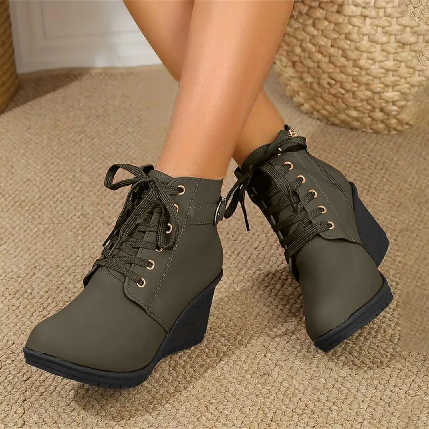 AMDBEL Boots for Women Ankle Booties, Women's Ankle Boots Square Heel Lace Up Short Boots Winter Wedge Booties Shoes