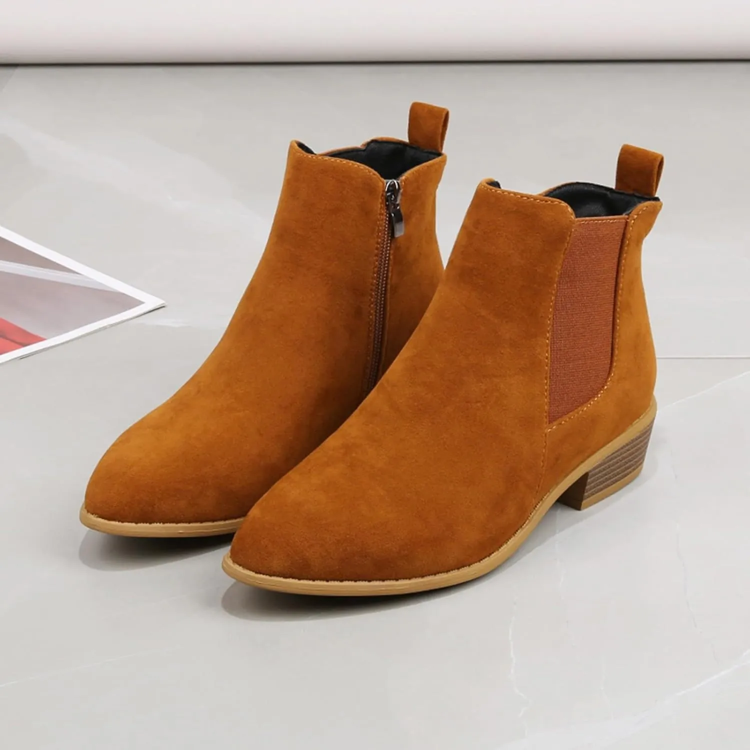 Ankle Boots for Women, Women's Fashion Pointed Toe Faux Stack Low Block Heel Side Zipper Ankle Boots Chelsea Shoes