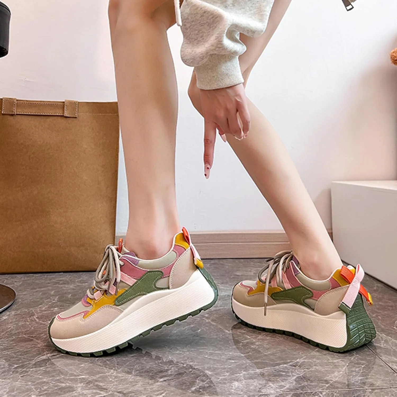 Autumn Women's Fashion Sneakers - Lightweight Casual Platform Trainers with Chunky Heel, Height Increase and Thick Sole - Lace-Up Running Shoes,Green-39