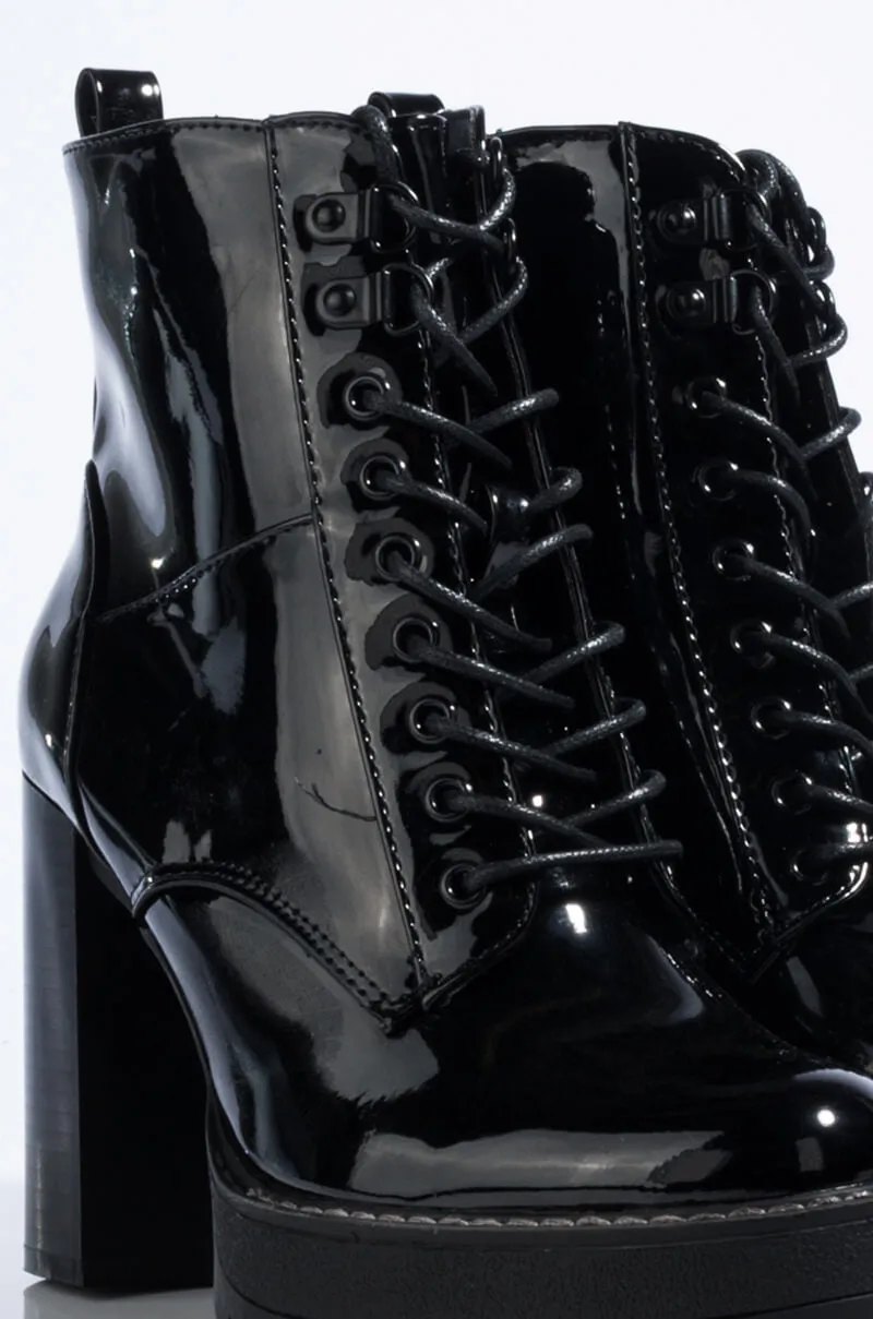 AZALEA WANG CHUNKY HEEL LACE UP BOOTIE BLACK PATENT