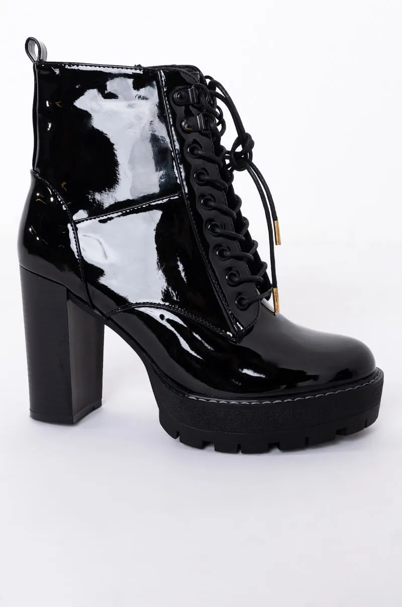 AZALEA WANG CHUNKY HEEL LACE UP BOOTIE BLACK PATENT