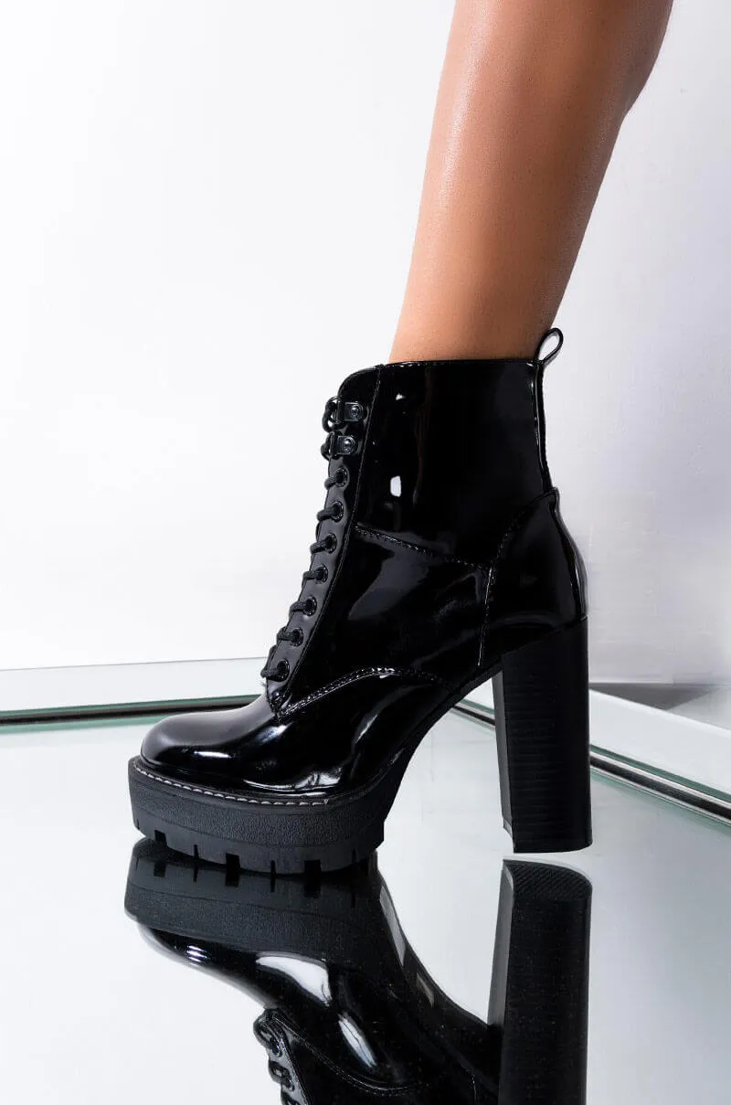 AZALEA WANG CHUNKY HEEL LACE UP BOOTIE BLACK PATENT