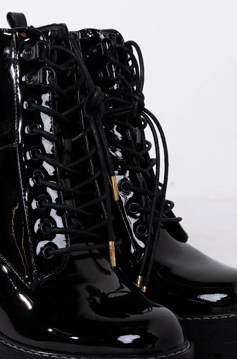 AZALEA WANG CHUNKY HEEL LACE UP BOOTIE BLACK PATENT