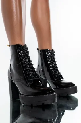 AZALEA WANG CHUNKY HEEL LACE UP BOOTIE BLACK PATENT