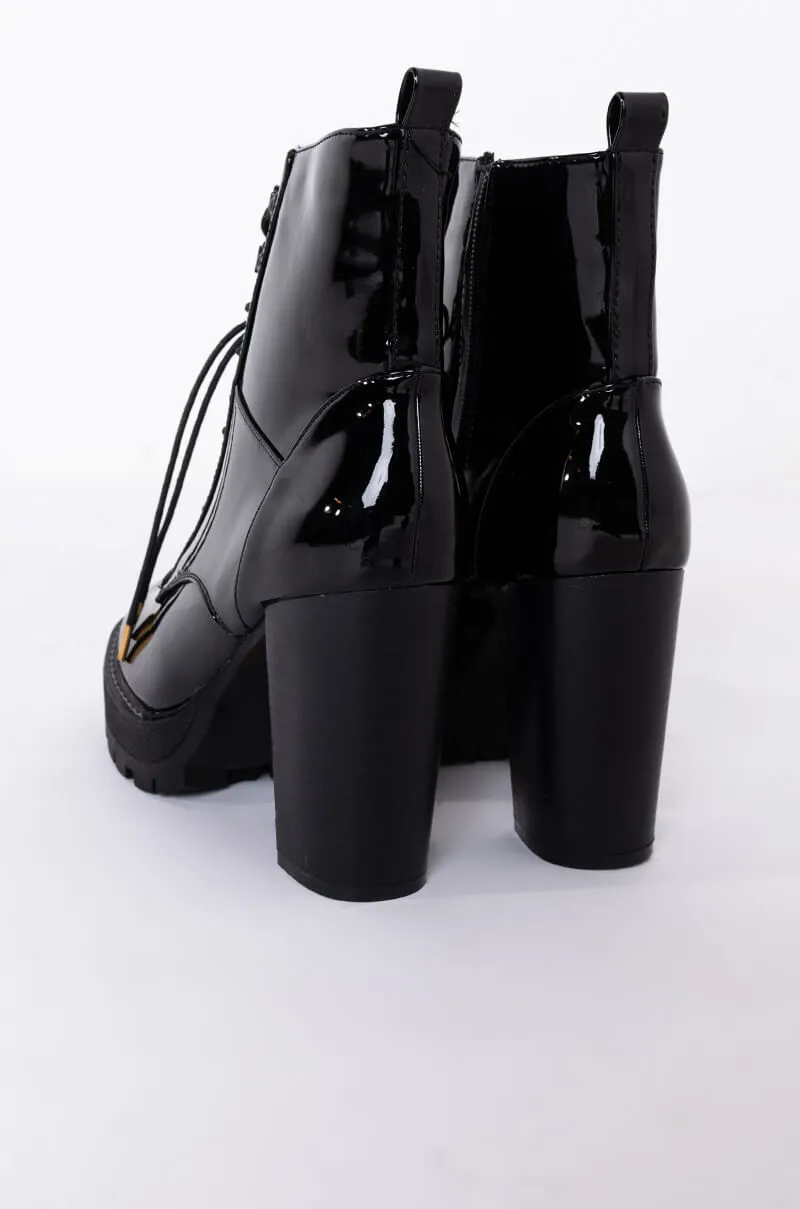AZALEA WANG CHUNKY HEEL LACE UP BOOTIE BLACK PATENT
