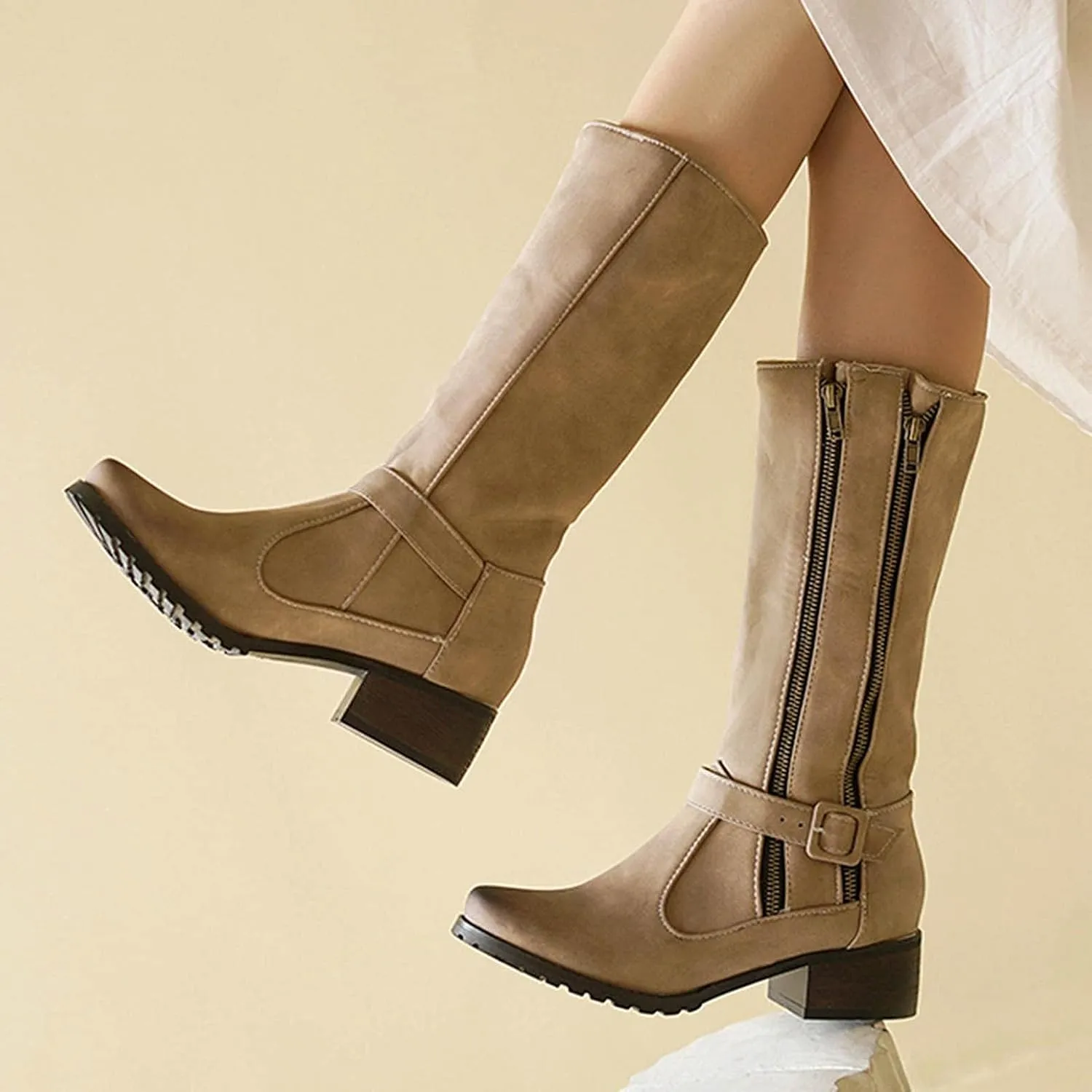 Bcshiye Women Retro Buckle Ankle Boots Winter Mid Calf Combat Boots Chunky Block Heel Motorcycle Riding Boots