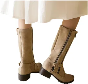 Bcshiye Women Retro Buckle Ankle Boots Winter Mid Calf Combat Boots Chunky Block Heel Motorcycle Riding Boots