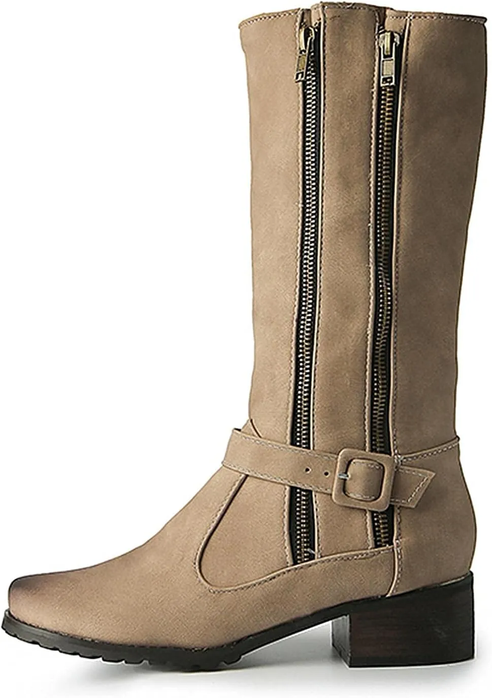 Bcshiye Women Retro Buckle Ankle Boots Winter Mid Calf Combat Boots Chunky Block Heel Motorcycle Riding Boots