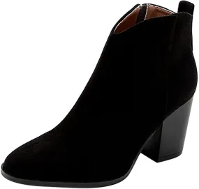 Bcshiye Womens Pointed Toe Ankle Boots Mid Heel Block Stacked Chunky Heel Side Zipper Suede Winter Chelsea Bootie Shoes