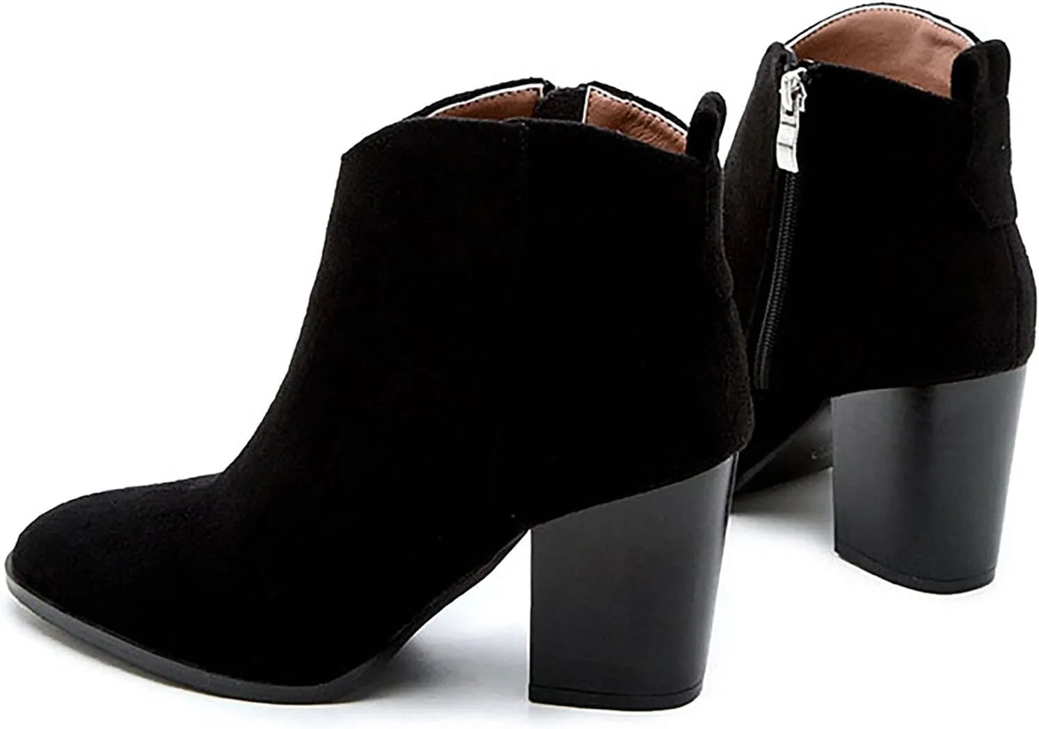 Bcshiye Womens Pointed Toe Ankle Boots Mid Heel Block Stacked Chunky Heel Side Zipper Suede Winter Chelsea Bootie Shoes