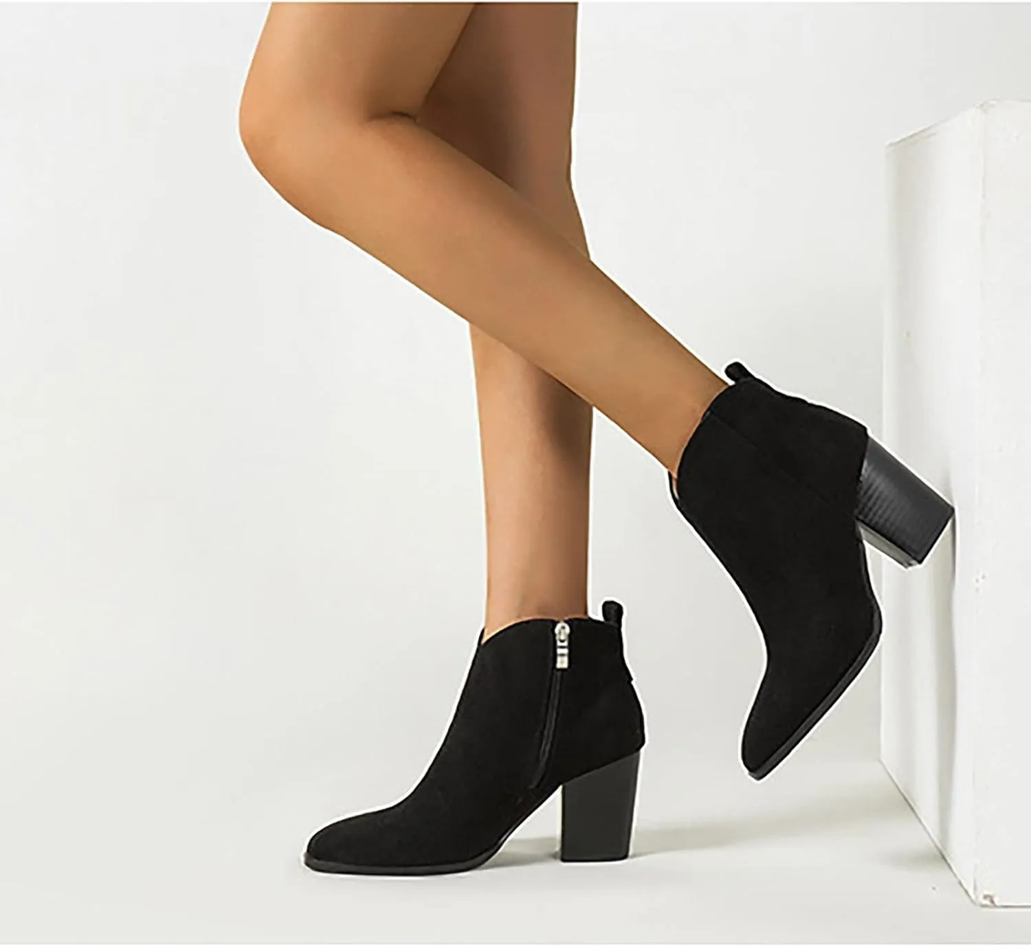 Bcshiye Womens Pointed Toe Ankle Boots Mid Heel Block Stacked Chunky Heel Side Zipper Suede Winter Chelsea Bootie Shoes