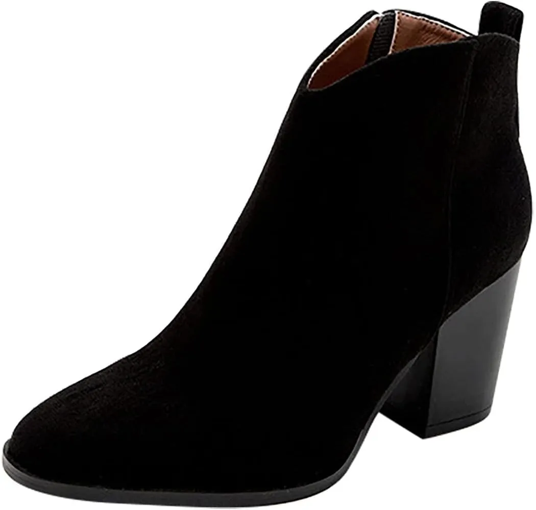 Bcshiye Womens Pointed Toe Ankle Boots Mid Heel Block Stacked Chunky Heel Side Zipper Suede Winter Chelsea Bootie Shoes