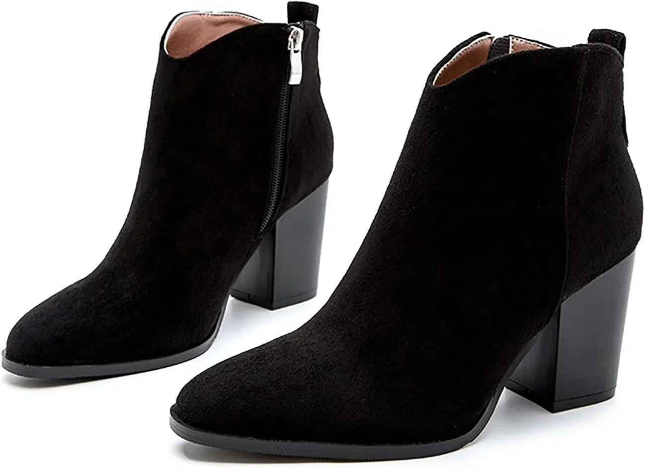 Bcshiye Womens Pointed Toe Ankle Boots Mid Heel Block Stacked Chunky Heel Side Zipper Suede Winter Chelsea Bootie Shoes