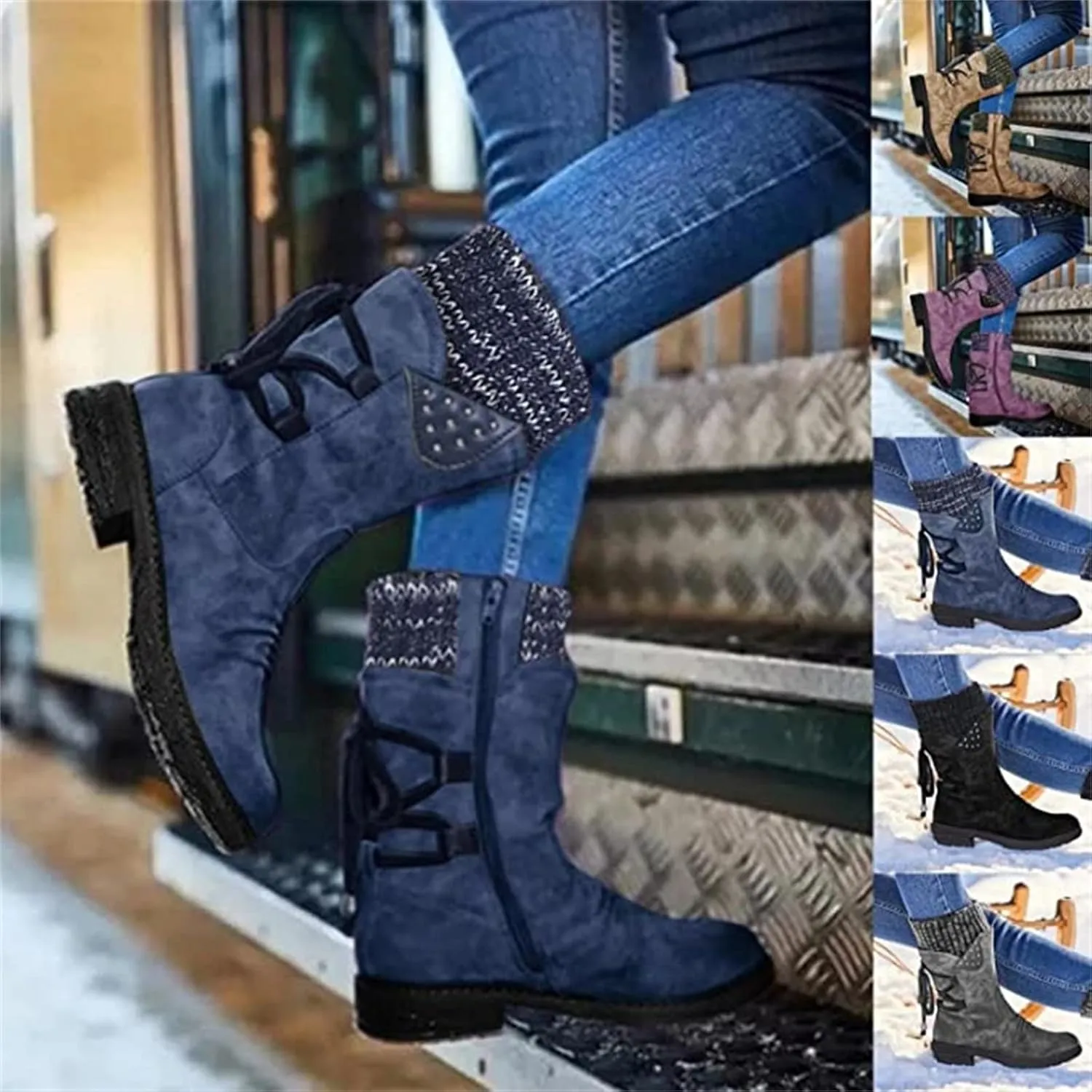 Boots For Women Knee High Wide Calf Motorcycle Biker Mid Calf Boots Side Zipper Low Heel Fashion Western Dress Boots