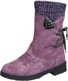 Boots For Women Knee High Wide Calf Motorcycle Biker Mid Calf Boots Side Zipper Low Heel Fashion Western Dress Boots