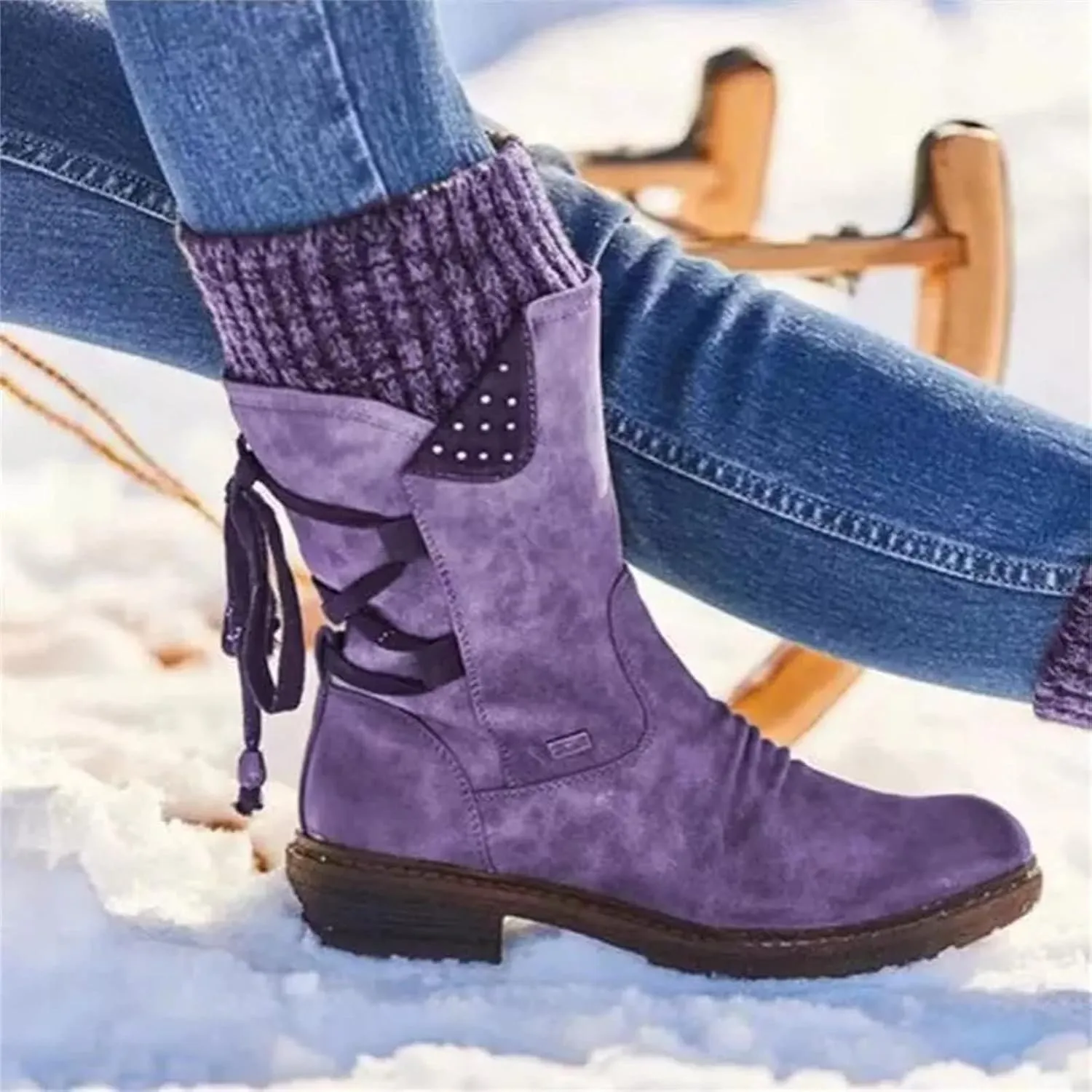 Boots For Women Knee High Wide Calf Motorcycle Biker Mid Calf Boots Side Zipper Low Heel Fashion Western Dress Boots
