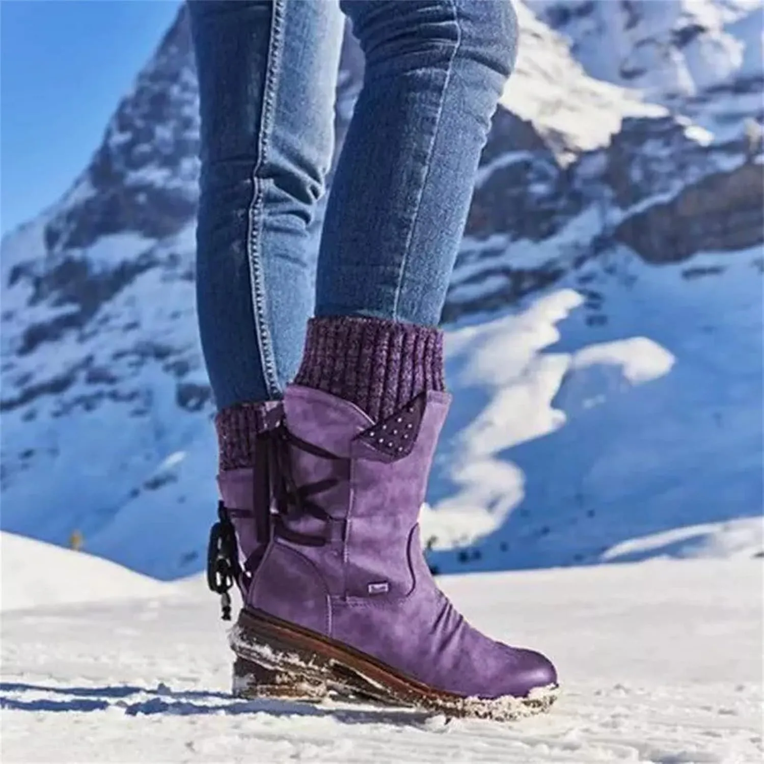 Boots For Women Knee High Wide Calf Motorcycle Biker Mid Calf Boots Side Zipper Low Heel Fashion Western Dress Boots