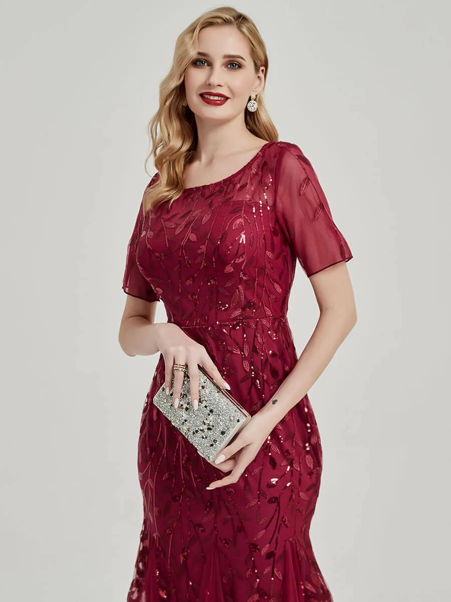 Burgundy Sheer Sleeves Floor Length Sequin Tulle Mermaid Evening Dress