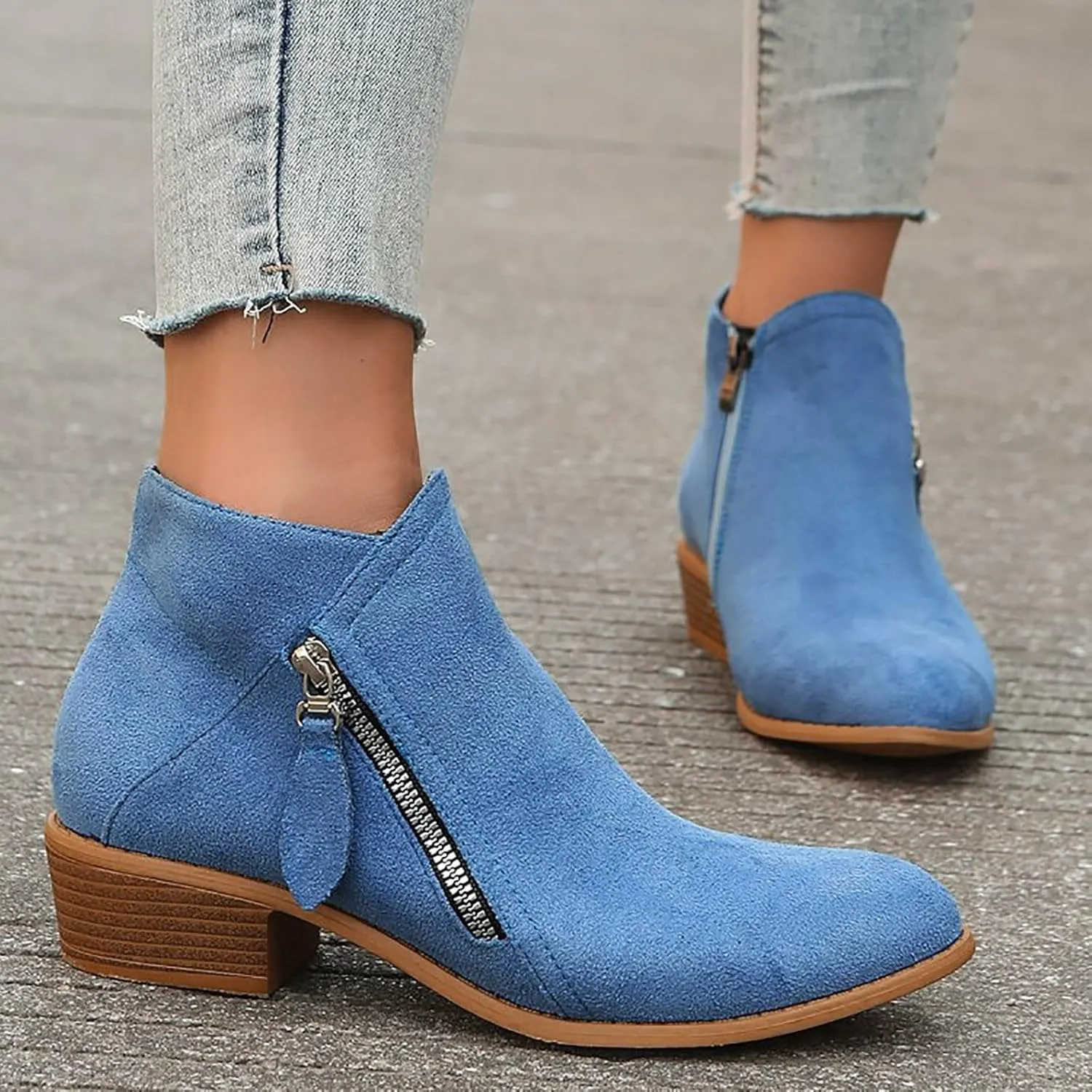 Cathalem Ankle Boots for Women Vintage Slip on Round Toe Side Zipper Chunky Block Mid Heel Booties Outdoor Ladies Shoes