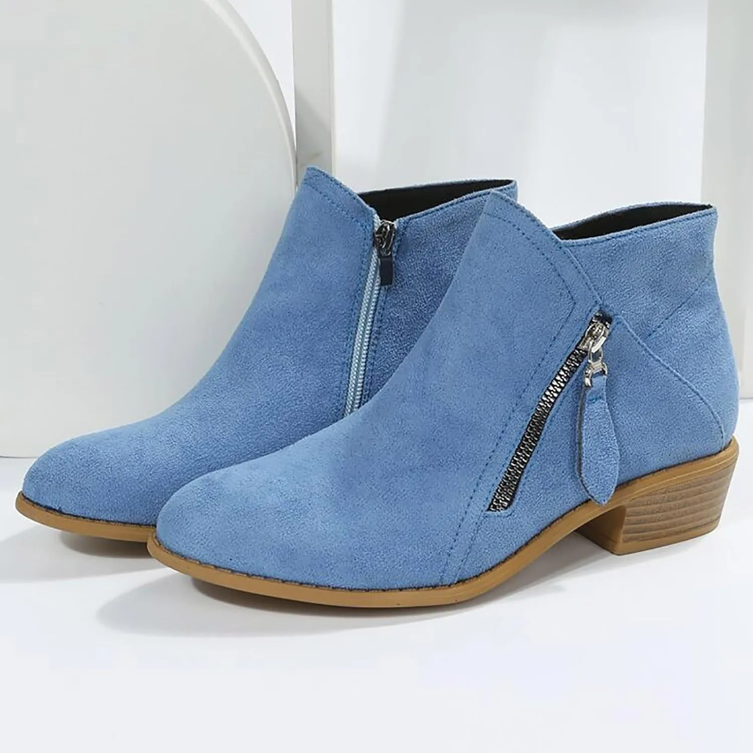 Cathalem Ankle Boots for Women Vintage Slip on Round Toe Side Zipper Chunky Block Mid Heel Booties Outdoor Ladies Shoes