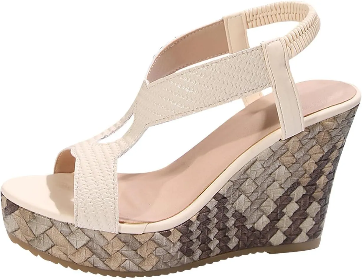 Chunky Wedge Sandals for Women Summer Comfortable Ankle Stretch Elastic Strap Platform Sandals Fashion Beach Cute Ladies Slides Fish Mouth Walking Shoes