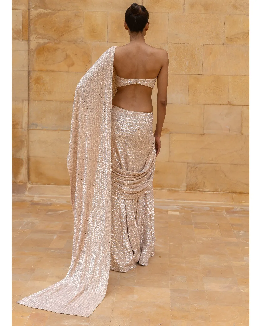 Coconut Embroidered Sequins Sari Set