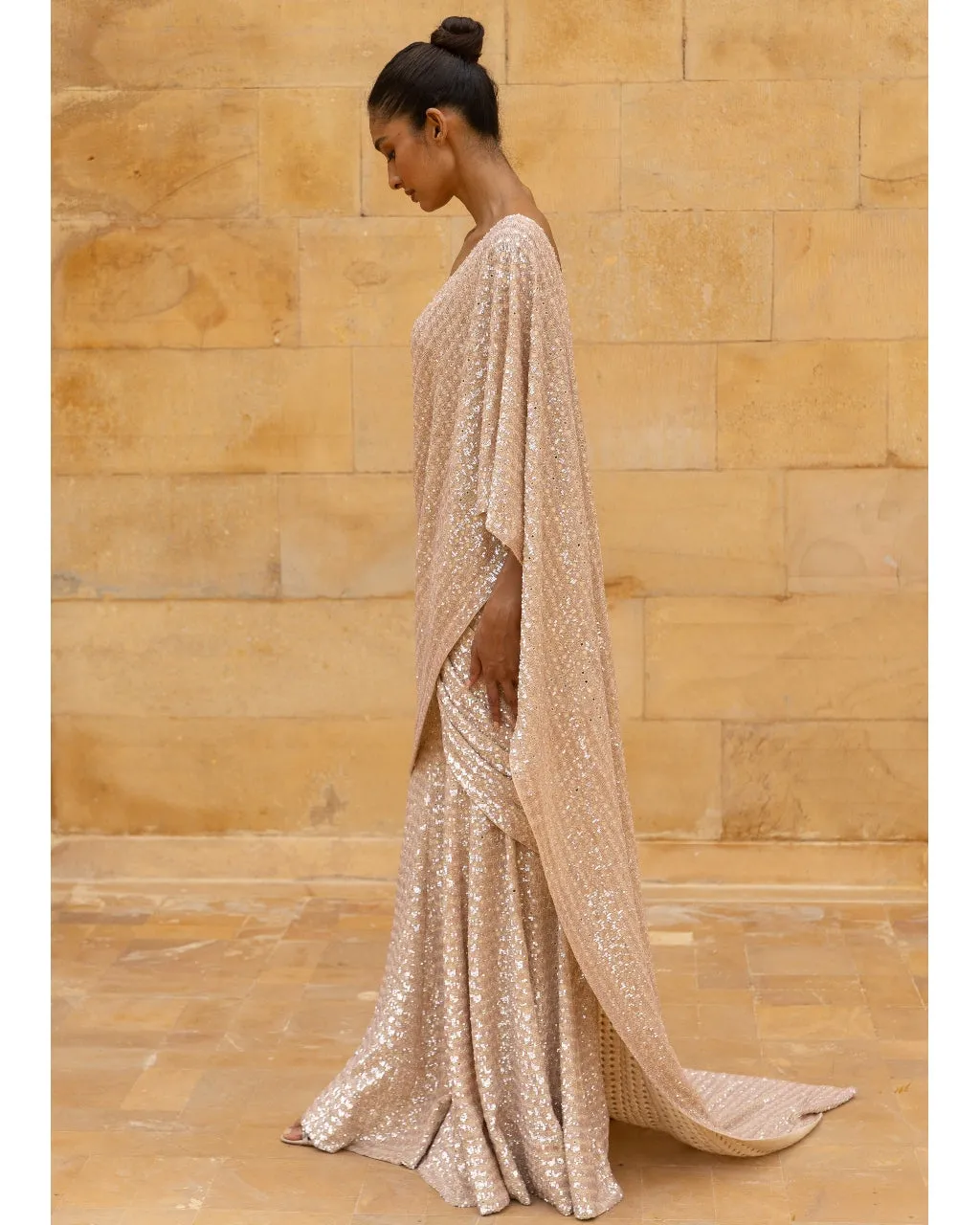 Coconut Embroidered Sequins Sari Set