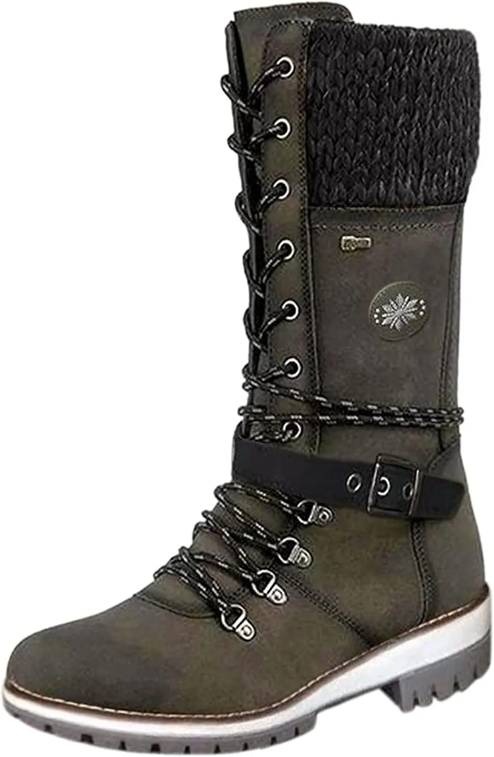 Combat Boots Womens Side Zipper Mid Calf Boots Low Heel Western Cowboy Motorcycle Booties Winter Non Slip Outdoor Shoes