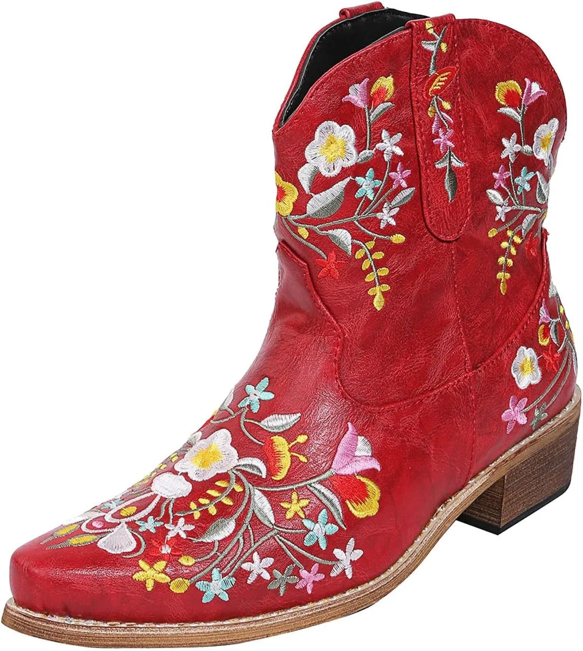 Cowboy Boots for Women Comfy Ankle Boots for Women Solid Color Leather Flower Embroidery Low Heel Pointed Toe Boots