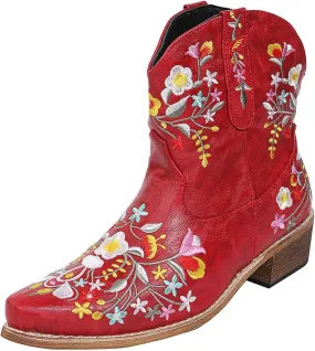 Cowboy Boots for Women Comfy Ankle Boots for Women Solid Color Leather Flower Embroidery Low Heel Pointed Toe Boots