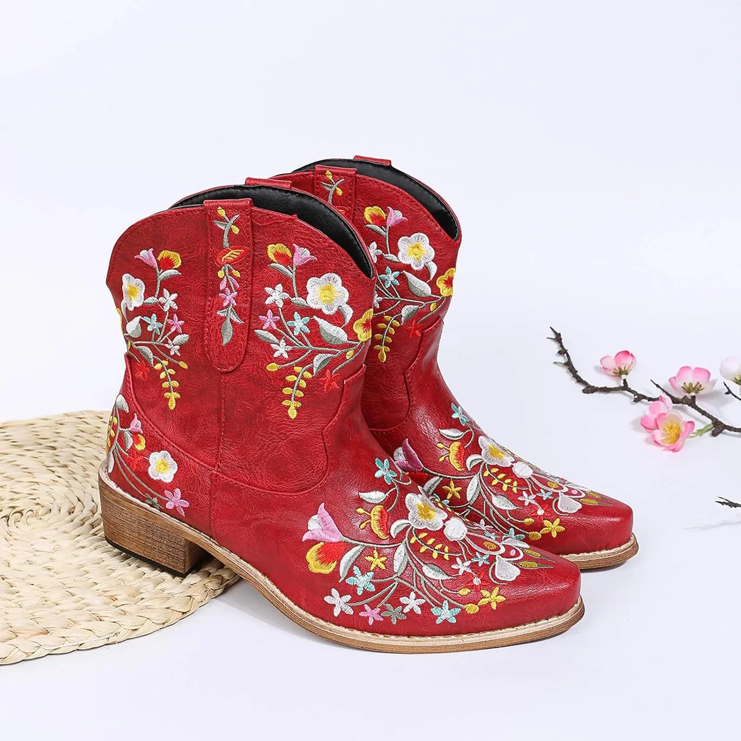 Cowboy Boots for Women Comfy Ankle Boots for Women Solid Color Leather Flower Embroidery Low Heel Pointed Toe Boots