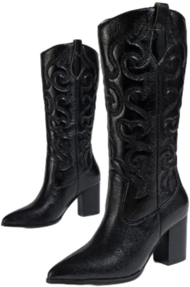 Cowboy Boots for Women Western Mid Calf Boots Retro Pointed Toe Pull On Long Tall Block Chunky Heel Cowgirl Boots