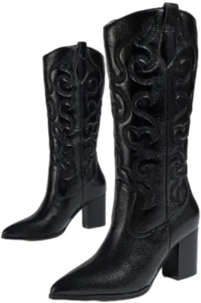 Cowboy Boots for Women Western Mid Calf Boots Retro Pointed Toe Pull On Long Tall Block Chunky Heel Cowgirl Boots