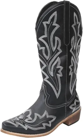 Cowboy Boots For Women Wide Calf Mid Calf Cowgirl Embroidered Western Knee High Boots Chunky Heel Pull On Boots for Ladies