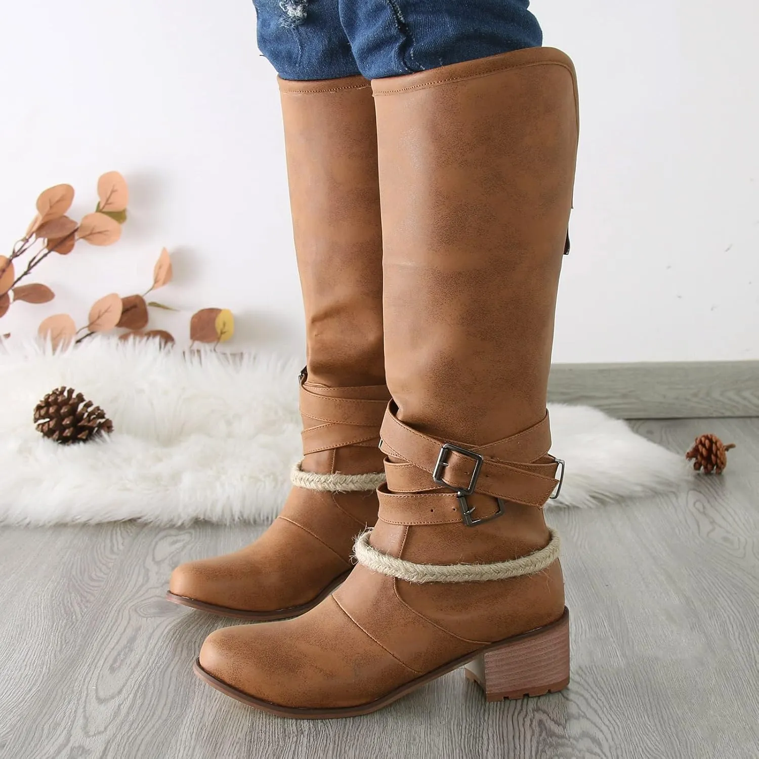 Eduavar Cowboy Boots for Women Cowboy Style, Womens Cowboy Boots Wide Calf Boots Leather Buckle Round Toe Square Heel Boots