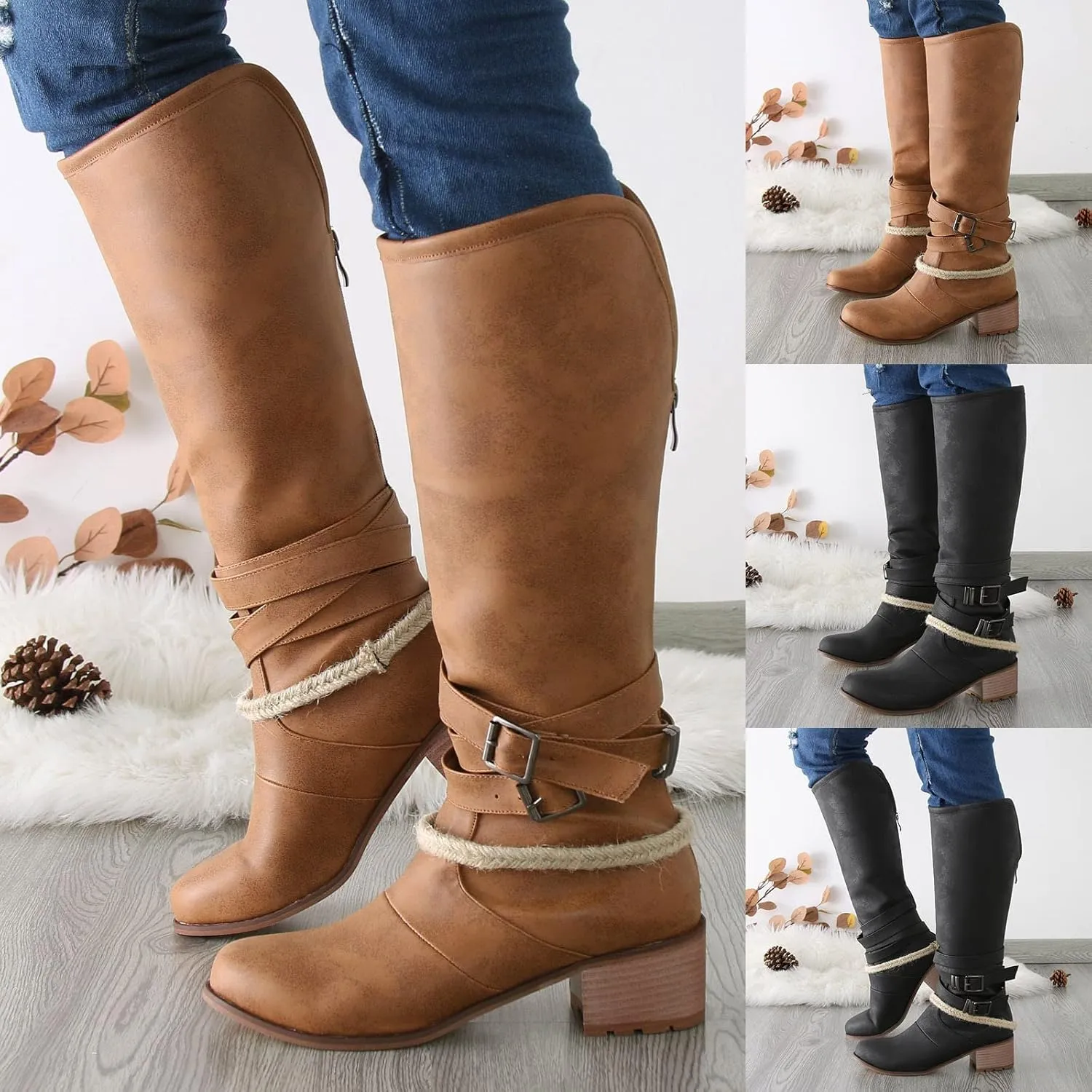 Eduavar Cowboy Boots for Women Cowboy Style, Womens Cowboy Boots Wide Calf Boots Leather Buckle Round Toe Square Heel Boots