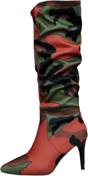 Fall Boots Womens Slouchy Pleated Pointed Toe Stiletto Knee High Boots Thigh High Boots for Women Camo Tall Boots