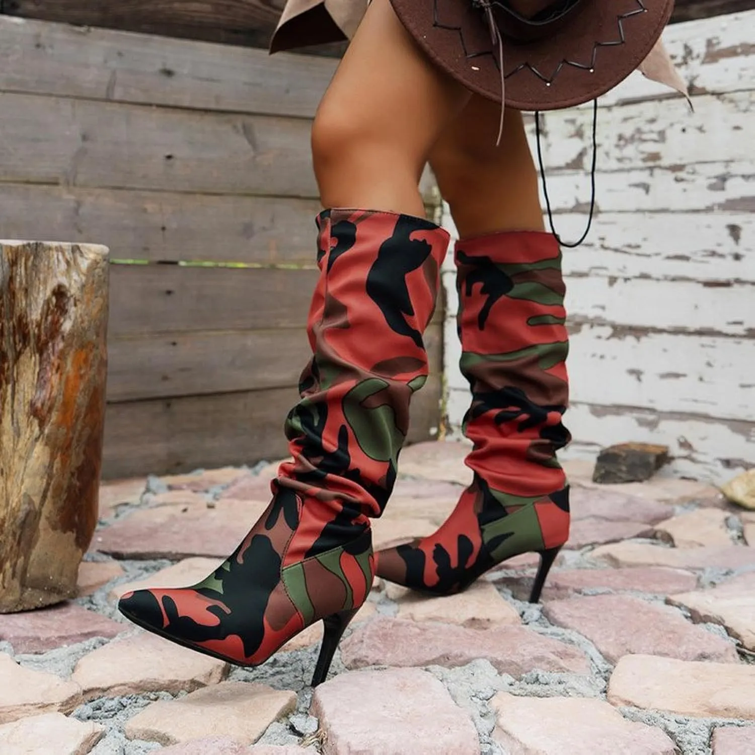 Fall Boots Womens Slouchy Pleated Pointed Toe Stiletto Knee High Boots Thigh High Boots for Women Camo Tall Boots