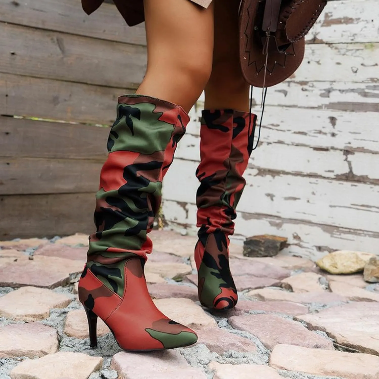 Fall Boots Womens Slouchy Pleated Pointed Toe Stiletto Knee High Boots Thigh High Boots for Women Camo Tall Boots