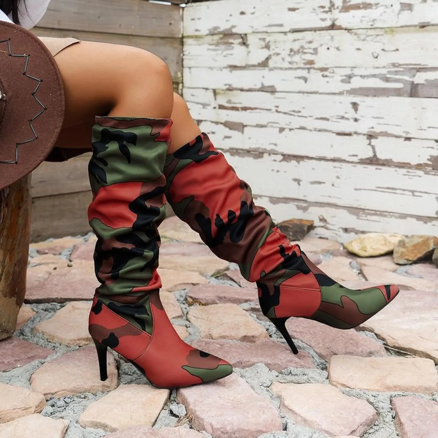 Fall Boots Womens Slouchy Pleated Pointed Toe Stiletto Knee High Boots Thigh High Boots for Women Camo Tall Boots