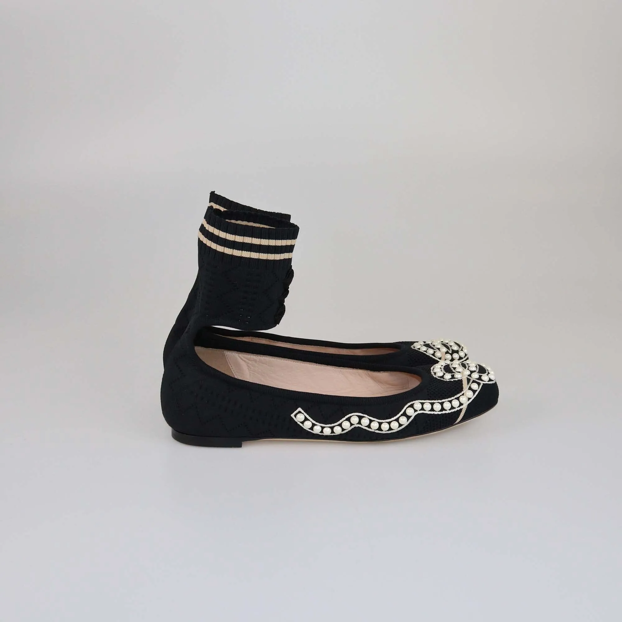 Fendi Black Knit Pearl Embellished Ballet Flats