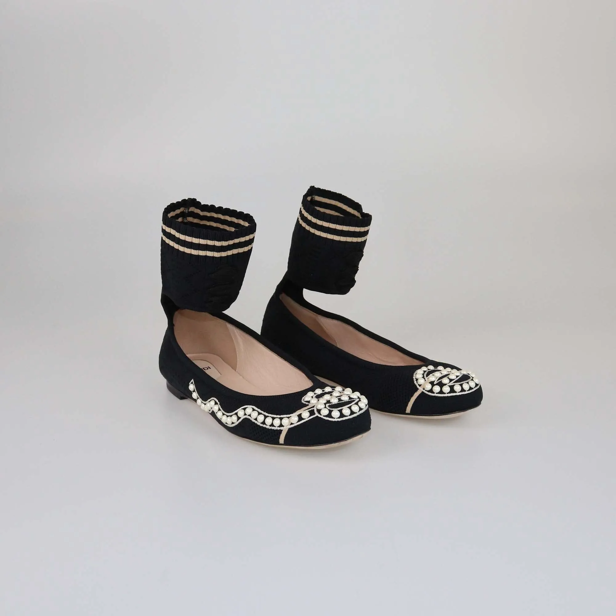Fendi Black Knit Pearl Embellished Ballet Flats