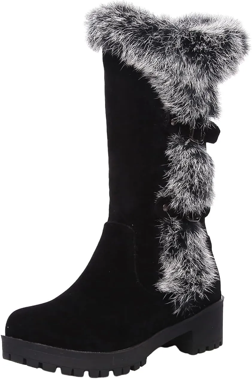 Furry Boots for Women Warm Flock Fur Insulated Snow Boots Cozy Mid Calf Winter Boots Casual Non-slip Platform Boots
