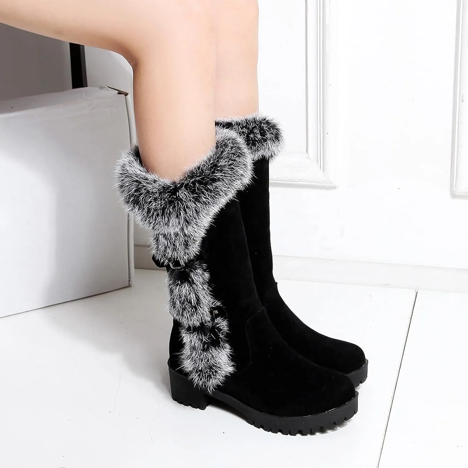 Furry Boots for Women Warm Flock Fur Insulated Snow Boots Cozy Mid Calf Winter Boots Casual Non-slip Platform Boots