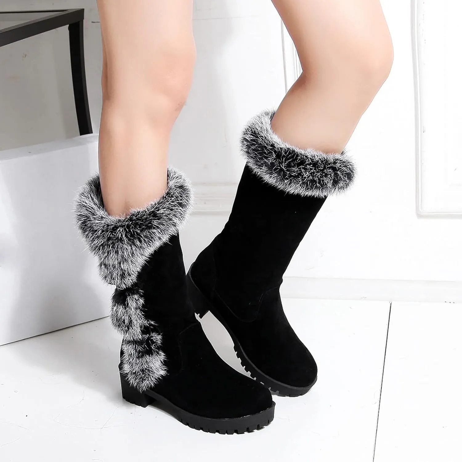 Furry Boots for Women Warm Flock Fur Insulated Snow Boots Cozy Mid Calf Winter Boots Casual Non-slip Platform Boots