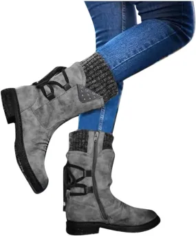 Gibobby Boots for Women Knee High,Mid Waterproof Calf Boots Retro Low Heel Middle Tube Boots Buckle Combat Motorcycle Boots