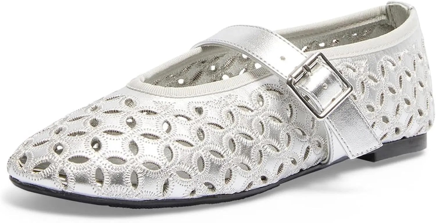 Hollow Out Ballet Flats for Women,Buckle Strap Mesh Mary Jane Flats Round Toe Embroidered Flowers Comfortable Breathable Casual Daily Dress Ballerina Flat Shoes