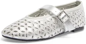 Hollow Out Ballet Flats for Women,Buckle Strap Mesh Mary Jane Flats Round Toe Embroidered Flowers Comfortable Breathable Casual Daily Dress Ballerina Flat Shoes