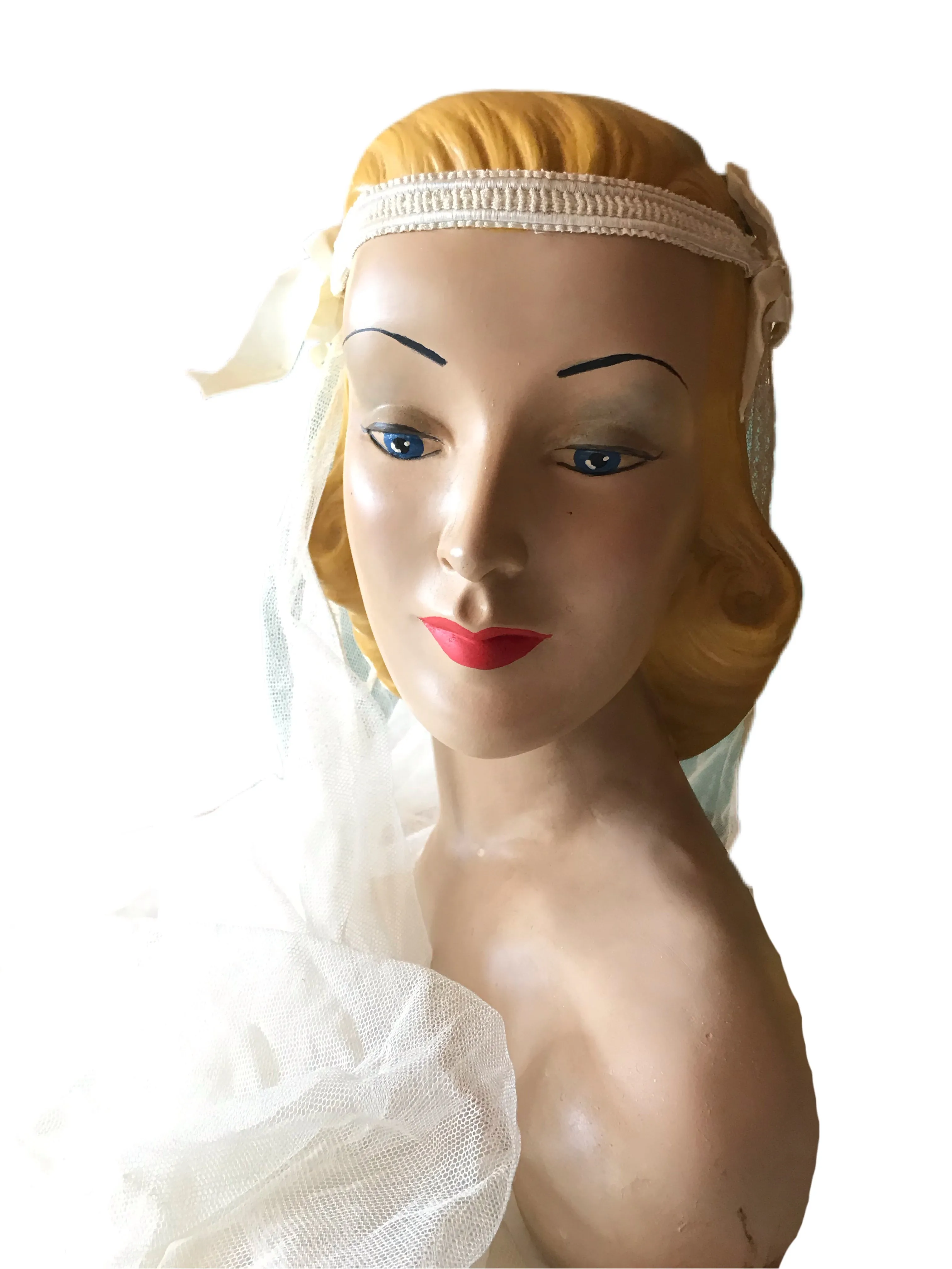 Ivory Lace and Mesh Headband Style Wedding Veil circa 1920s
