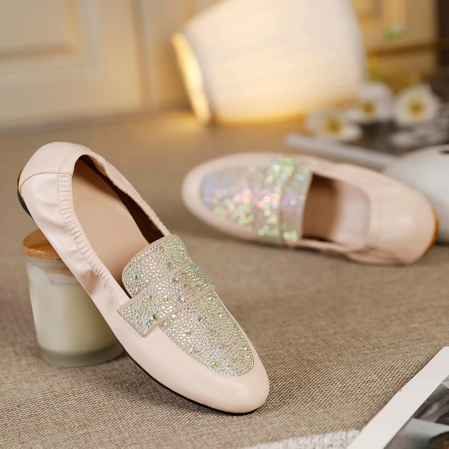 Joseywade Women's Ballet Flat Shoes Round Toe Slip On Rhinstone Walking Flats Cute Casual Low Comfort Soft Dress Shoes
